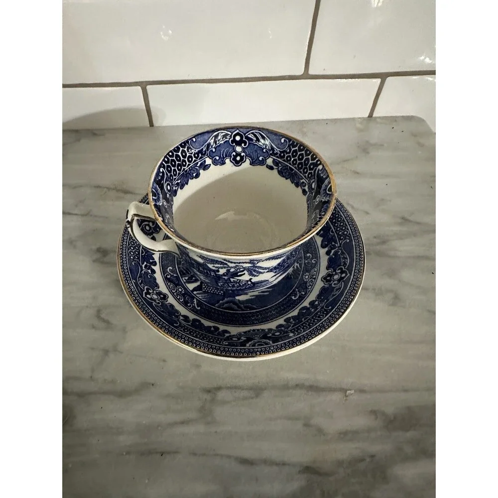 Vintage Burleigh Ware Blue Willow Coffee Tea Cup Saucer Made in England Gilt
